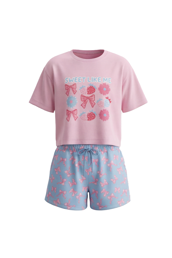 بيجامة بناتي تيشيرت أوفر سايز كروب نص كم مع شورت واسع Ballerina – نعومة عصرية بلمسة أنثوية