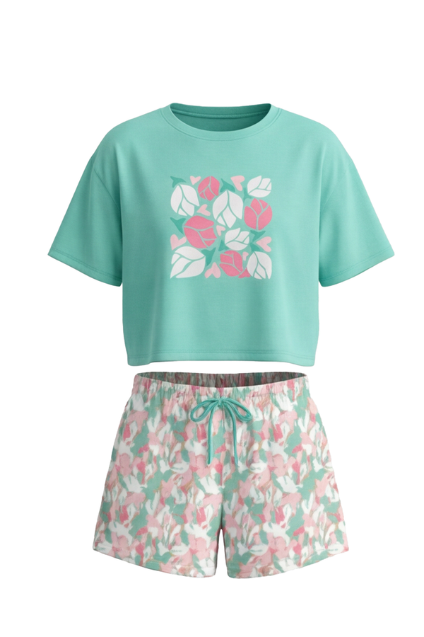 بيجامة بناتي تيشيرت أوفر سايز كروب نص كم مع شورت واسع Cabbage – انتعاش عصري بلمسة مميزة