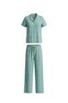 Women Lapel Cotton Pajama Set with Pants – Green Flowers
