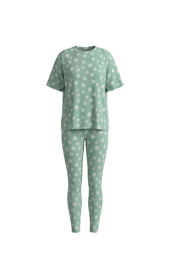 Women Oversize T-Shirt with Legging Pajama Set – Green Flowers