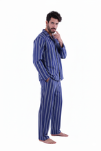 Load image into Gallery viewer, Men’s Long Sleeve Pajama with Buttons – Navy Green Stripe