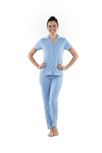تحميل الصورة إلى عارض المعرض، Women Short Sleeve Label Pajama with Pants - Cabana Blue

