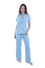 تحميل الصورة إلى عارض المعرض، Women Short Sleeve Label Pajama with Pants - Cabana Blue
