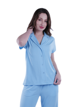تحميل الصورة إلى عارض المعرض، Women Short Sleeve Label Pajama with Pants - Cabana Blue
