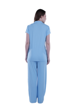 تحميل الصورة إلى عارض المعرض، Women Short Sleeve Label Pajama with Pants - Cabana Blue
