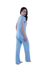 تحميل الصورة إلى عارض المعرض، Women Short Sleeve Label Pajama with Pants - Cabana Blue
