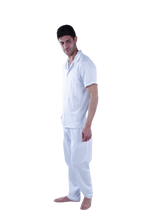 Load image into Gallery viewer, Men Short Sleeve Pajama with Buttons - White Stripes
